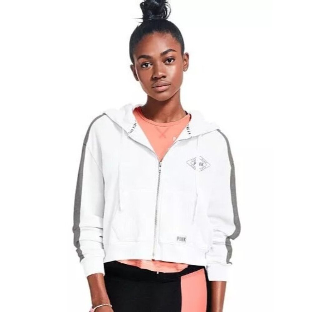 Victorias Secret Pink Cropped Zip-Up Hoodie Sweatshirt Love Pink Logo Size M